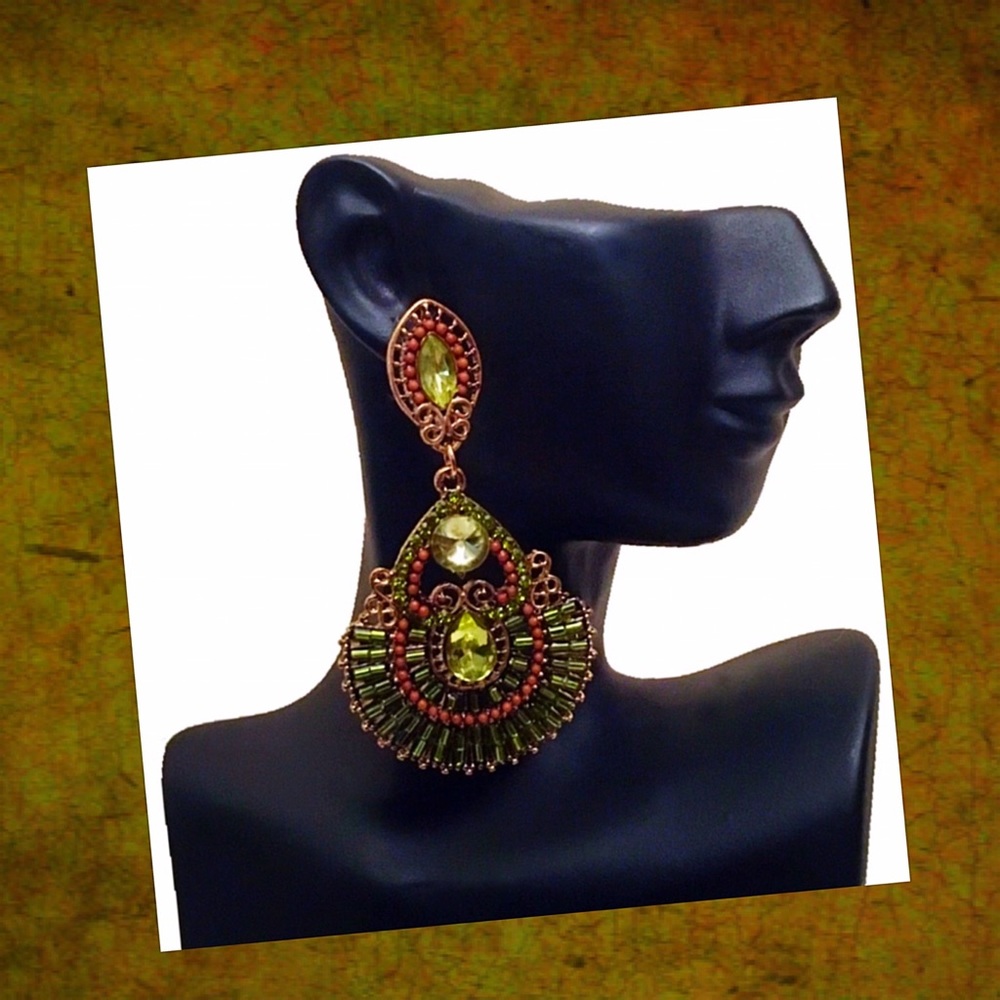 Burnished Gold Green Jewel Drop Statement Earrings